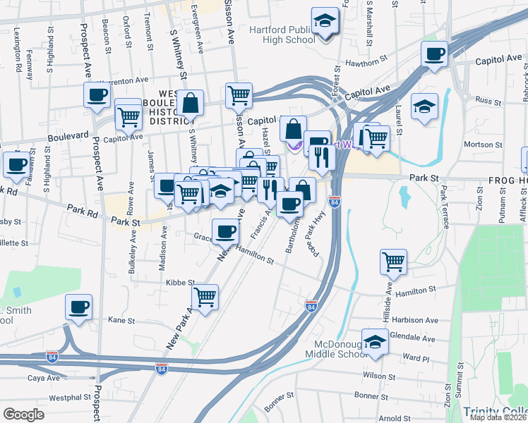 map of restaurants, bars, coffee shops, grocery stores, and more near 21 Francis Avenue in Hartford