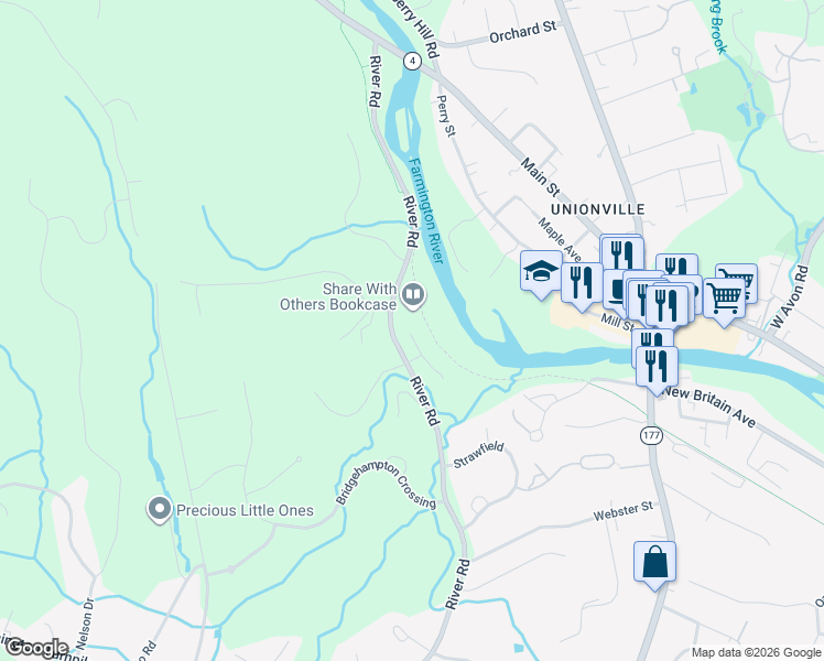 map of restaurants, bars, coffee shops, grocery stores, and more near 131 River Road in Farmington