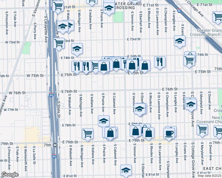 map of restaurants, bars, coffee shops, grocery stores, and more near 7556 South Calumet Avenue in Chicago