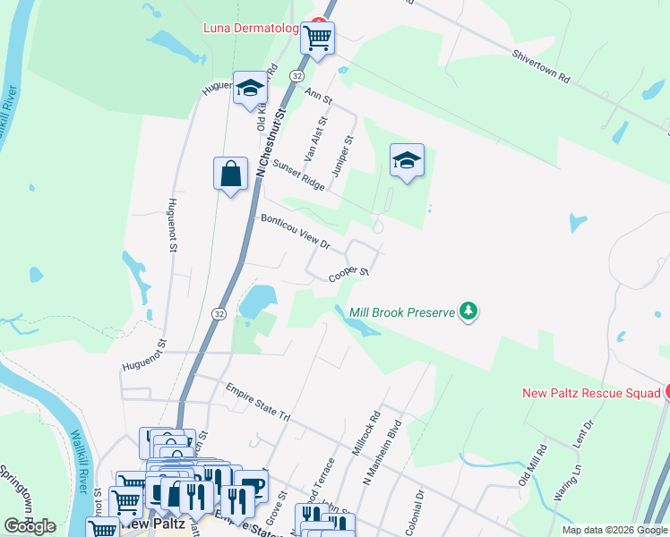 map of restaurants, bars, coffee shops, grocery stores, and more near 21 Cooper Street in New Paltz