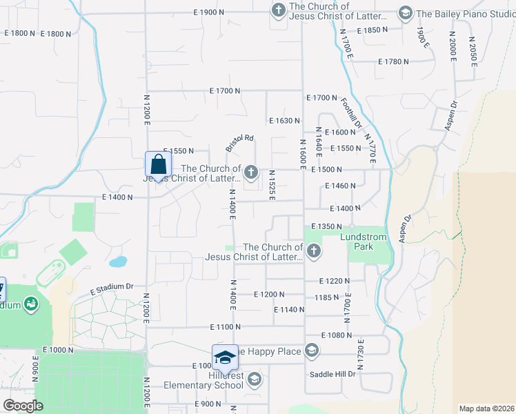 map of restaurants, bars, coffee shops, grocery stores, and more near 1452 East 1425 North in Logan