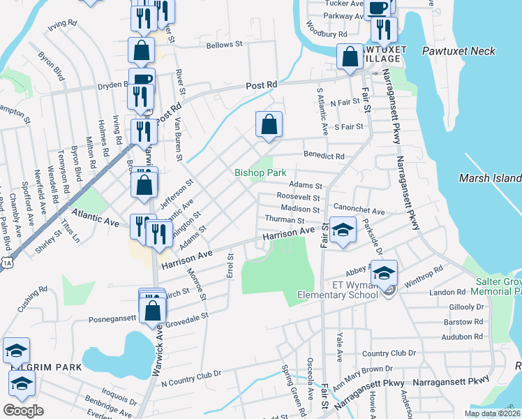 map of restaurants, bars, coffee shops, grocery stores, and more near 127 Madison Street in Warwick