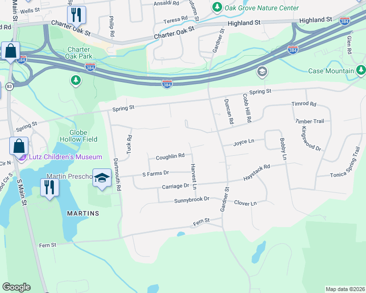 map of restaurants, bars, coffee shops, grocery stores, and more near 96 Harvest Lane in Manchester