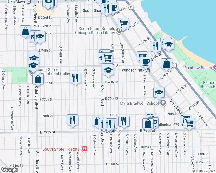 map of restaurants, bars, coffee shops, grocery stores, and more near 7604 South Phillips Avenue in Chicago