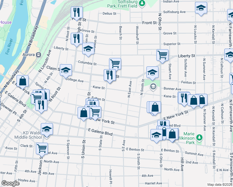 map of restaurants, bars, coffee shops, grocery stores, and more near 765 Kane Street in Aurora