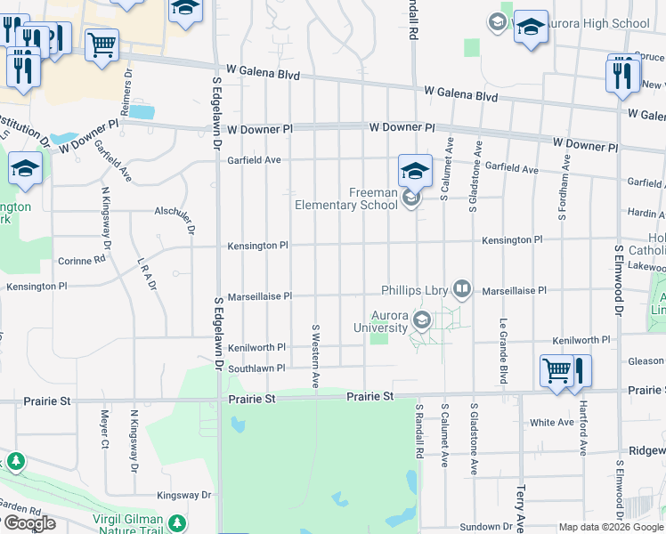map of restaurants, bars, coffee shops, grocery stores, and more near 214 South Buell Avenue in Aurora