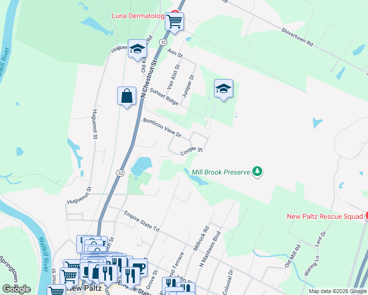 map of restaurants, bars, coffee shops, grocery stores, and more near 21 Cooper Street in New Paltz