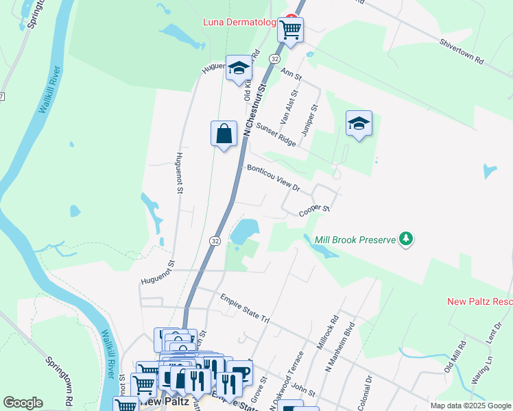 map of restaurants, bars, coffee shops, grocery stores, and more near Veterans Dr in New Paltz
