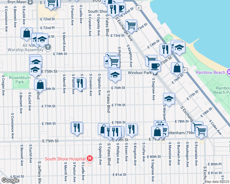 map of restaurants, bars, coffee shops, grocery stores, and more near 7612 South Phillips Avenue in Chicago