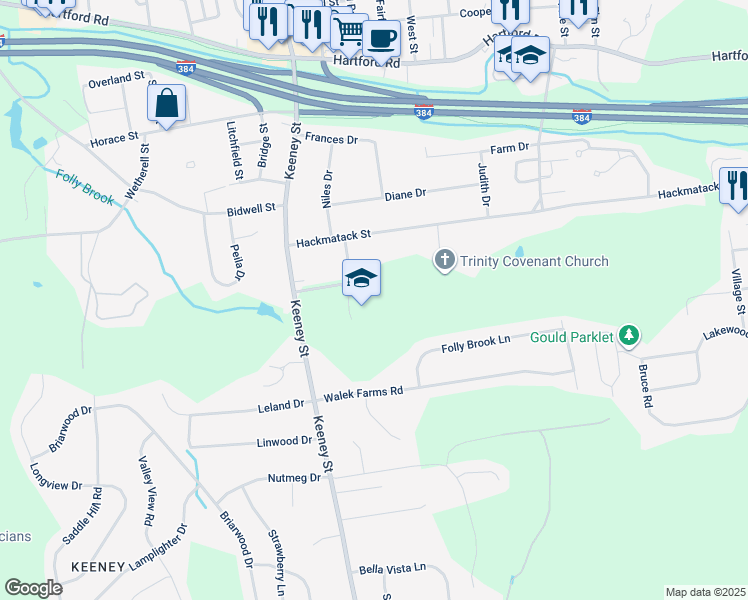 map of restaurants, bars, coffee shops, grocery stores, and more near 179 Keeney Street in Manchester