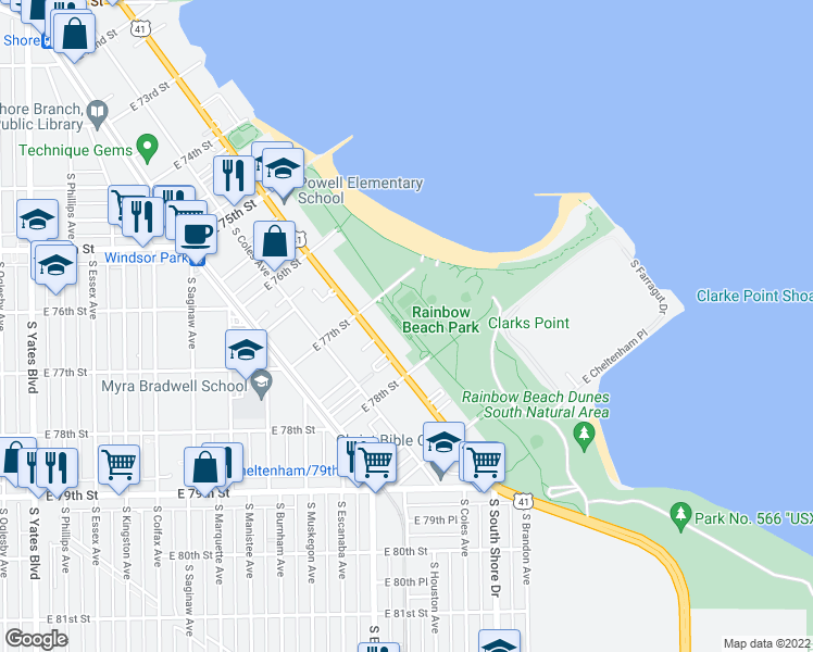 map of restaurants, bars, coffee shops, grocery stores, and more near 3029 E 78th St in Chicago