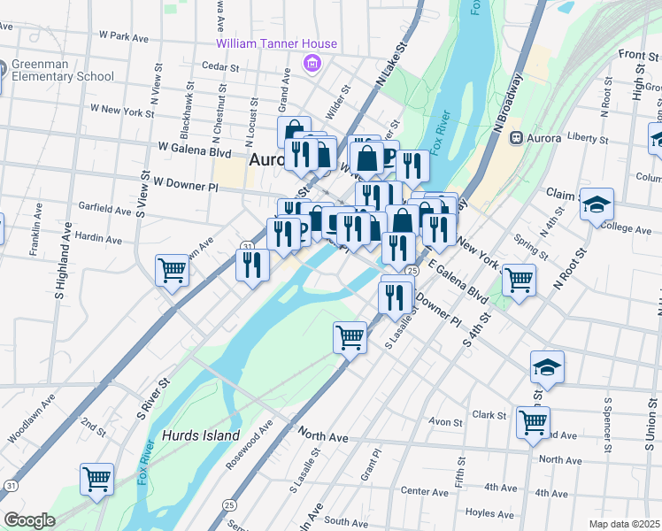 map of restaurants, bars, coffee shops, grocery stores, and more near 67 South Stolp Avenue in Aurora