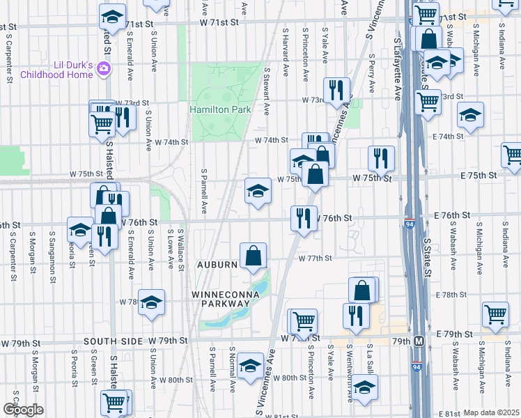 map of restaurants, bars, coffee shops, grocery stores, and more near 7530 South Stewart Avenue in Chicago