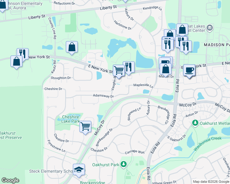 map of restaurants, bars, coffee shops, grocery stores, and more near 7S638 Vaughn Road in Aurora
