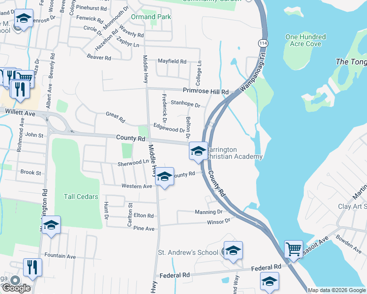 map of restaurants, bars, coffee shops, grocery stores, and more near 616 County Road in Barrington