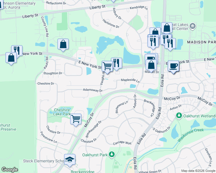 map of restaurants, bars, coffee shops, grocery stores, and more near 2572 Adamsway Drive in Aurora
