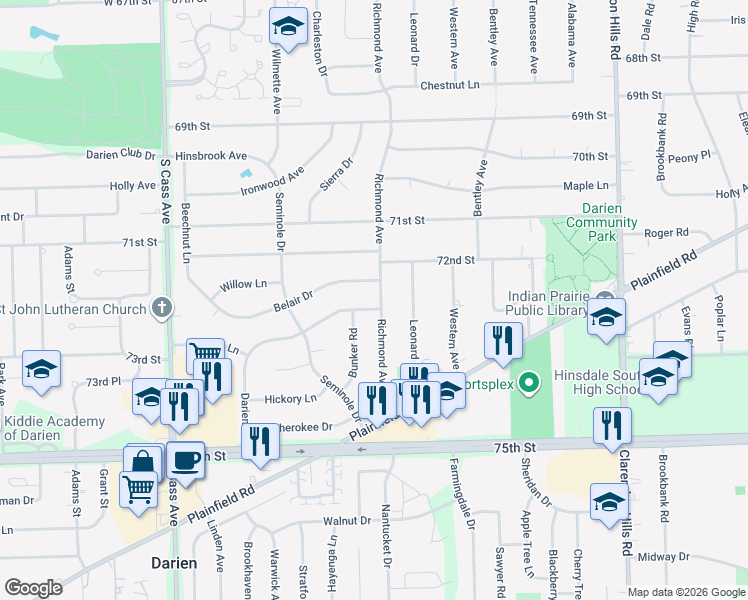 map of restaurants, bars, coffee shops, grocery stores, and more near 7217 Richmond Avenue in Darien
