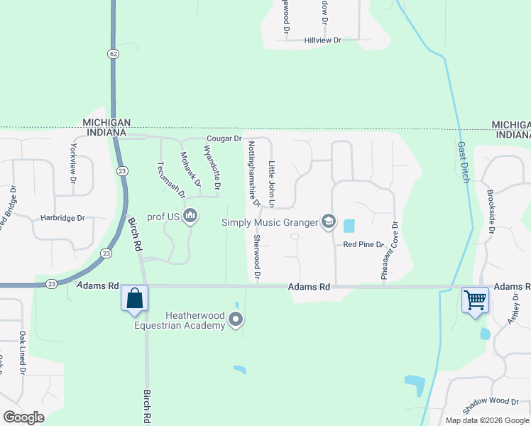 map of restaurants, bars, coffee shops, grocery stores, and more near Nottinghamshire Drive in Granger