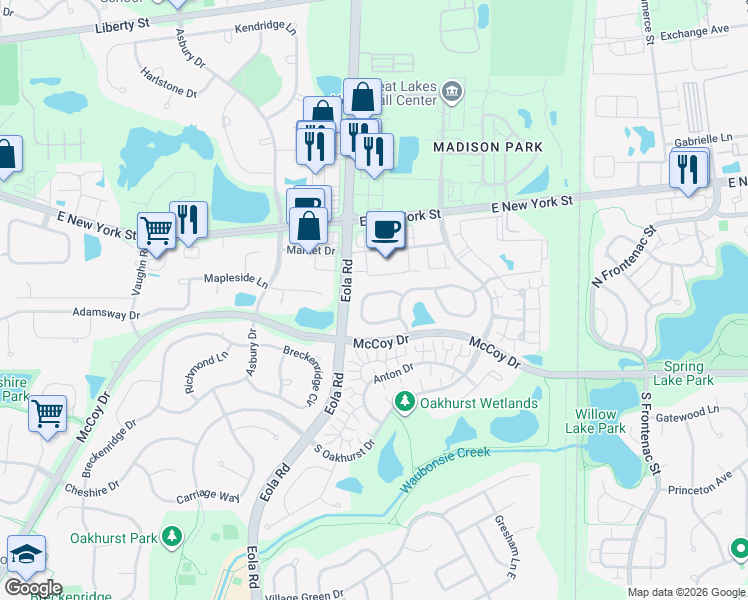 map of restaurants, bars, coffee shops, grocery stores, and more near 3027 Waters Edge Circle in Aurora