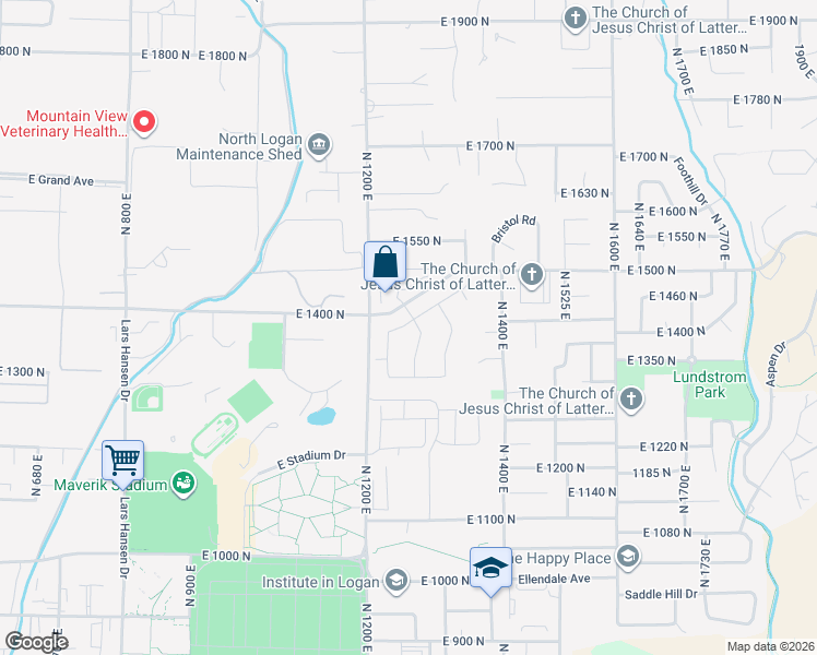 map of restaurants, bars, coffee shops, grocery stores, and more near 1246 East Talmage Lane in Logan