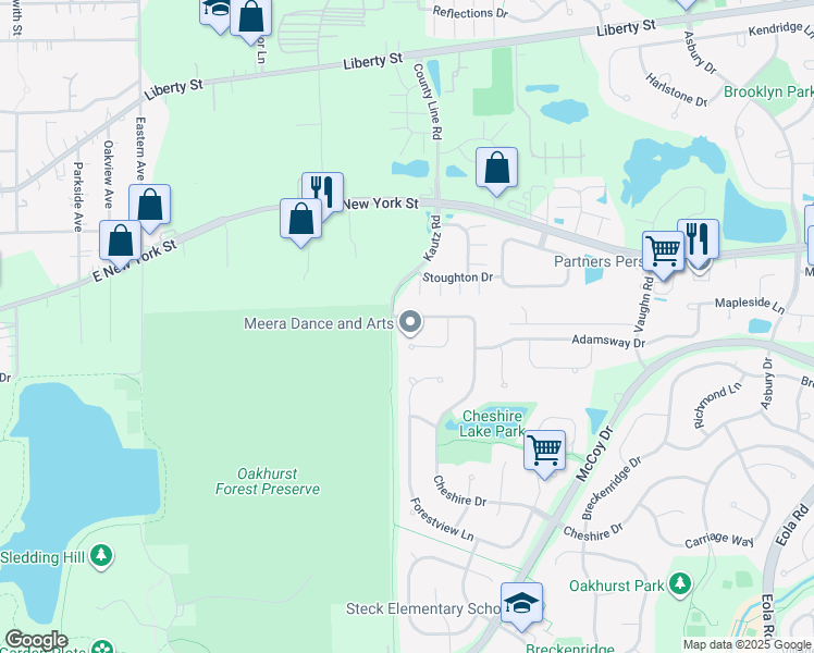 map of restaurants, bars, coffee shops, grocery stores, and more near 2207 Cheshire Drive in Aurora