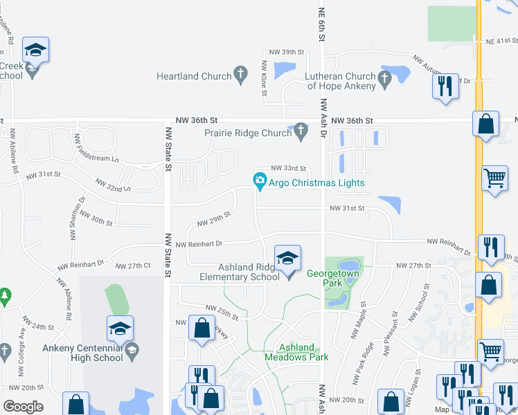map of restaurants, bars, coffee shops, grocery stores, and more near 1614 Northwest 31st Street in Ankeny