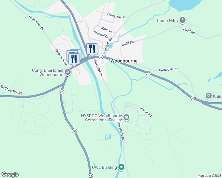 map of restaurants, bars, coffee shops, grocery stores, and more near 52 Riverside Drive in Woodbourne