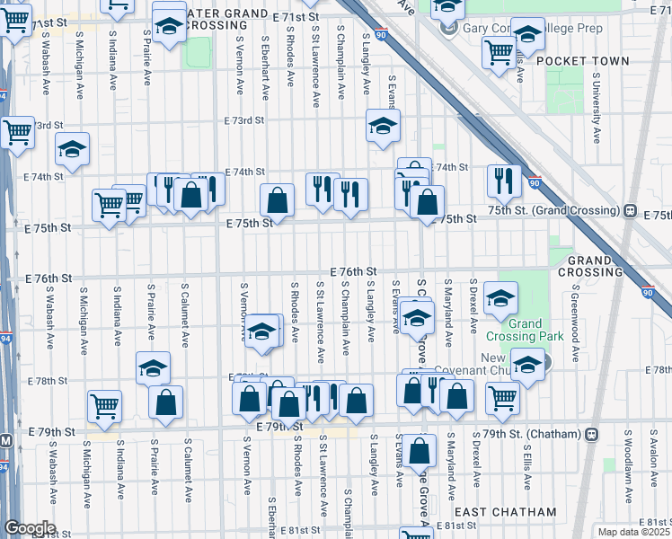 map of restaurants, bars, coffee shops, grocery stores, and more near 616 East 76th Street in Chicago