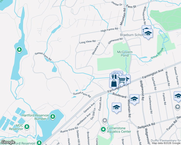 map of restaurants, bars, coffee shops, grocery stores, and more near 111 Mountain Terrace Road in West Hartford