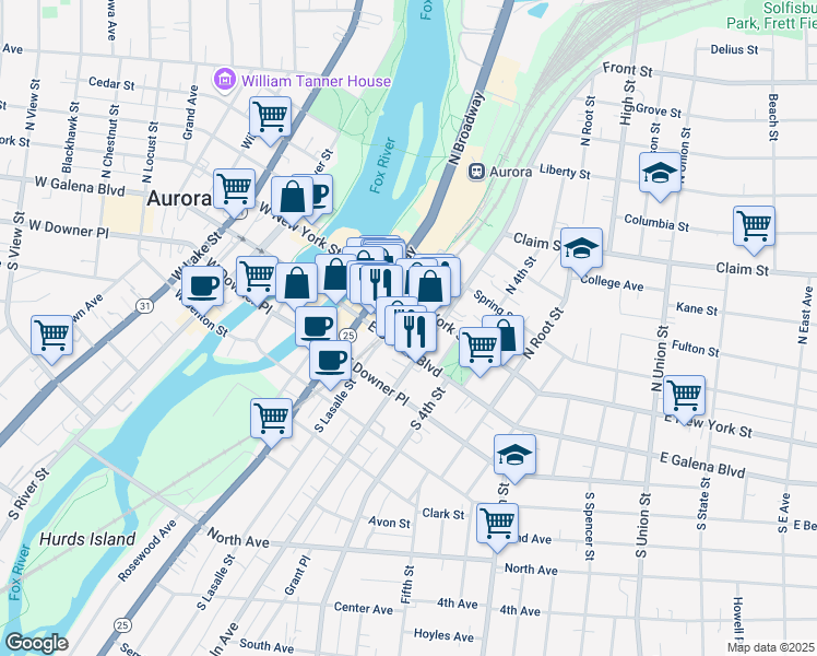 map of restaurants, bars, coffee shops, grocery stores, and more near 211 East New York Street in Aurora