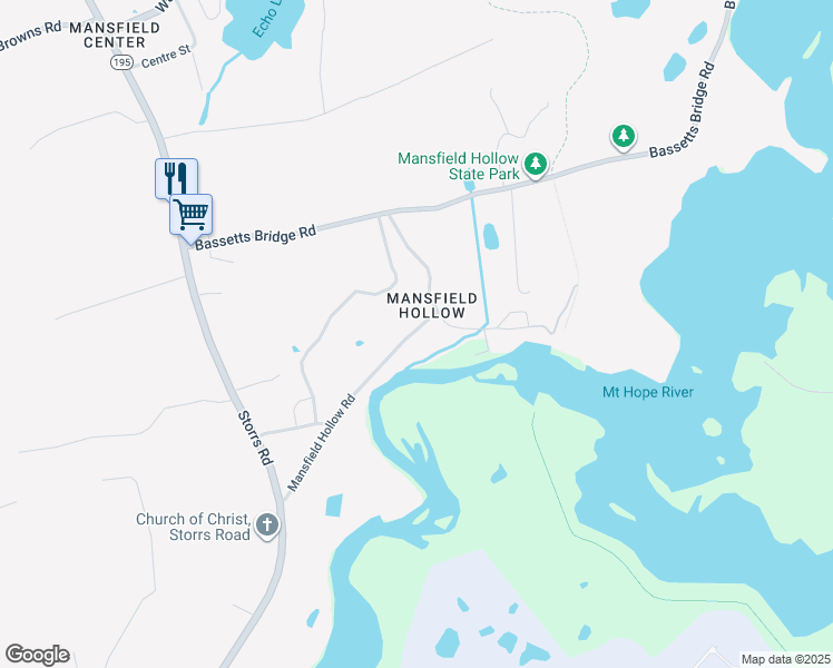 map of restaurants, bars, coffee shops, grocery stores, and more near 86 Mansfield Hollow Road in Mansfield