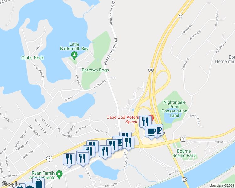 map of restaurants, bars, coffee shops, grocery stores, and more near 50 Head of the Bay Road in Bourne