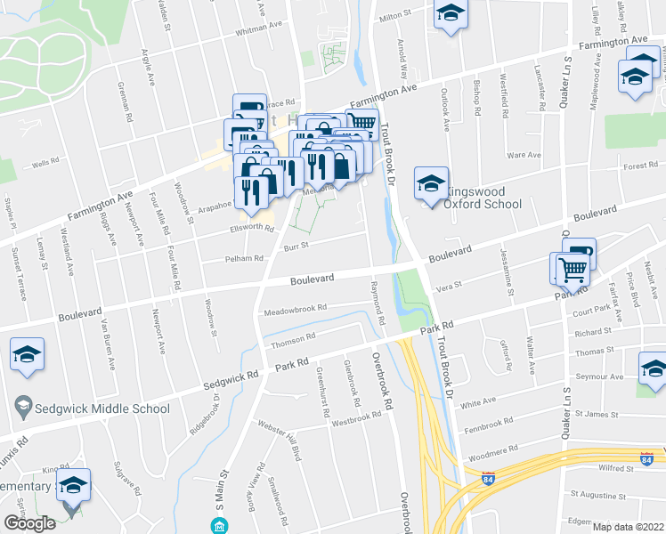 map of restaurants, bars, coffee shops, grocery stores, and more near 1586 Boulevard in West Hartford
