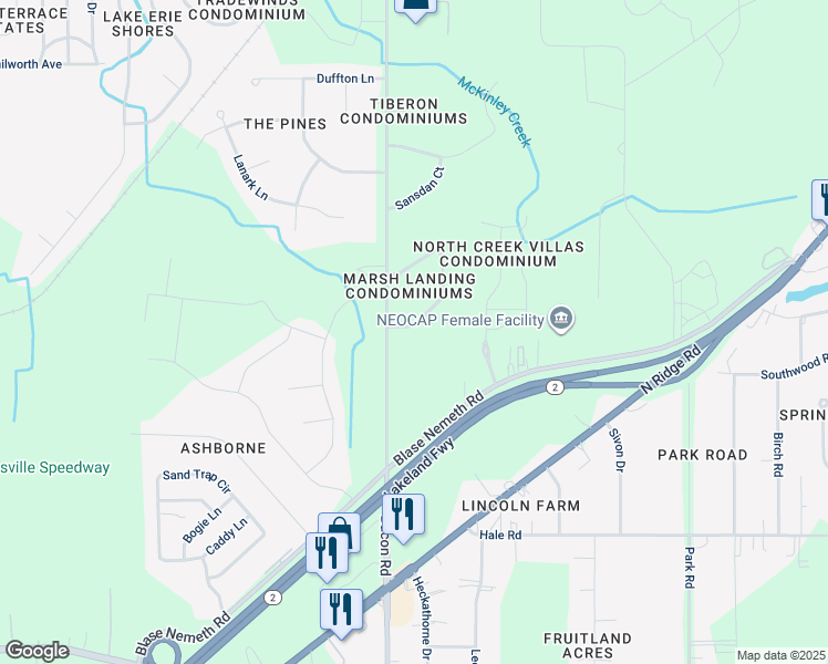 map of restaurants, bars, coffee shops, grocery stores, and more near 1870 Marsh Lane in Painesville
