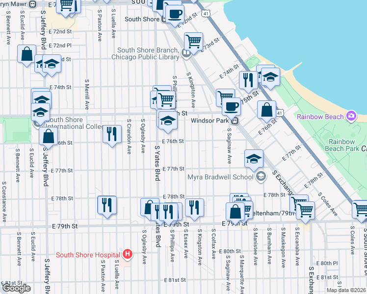 map of restaurants, bars, coffee shops, grocery stores, and more near 7608 South Essex Avenue in Chicago