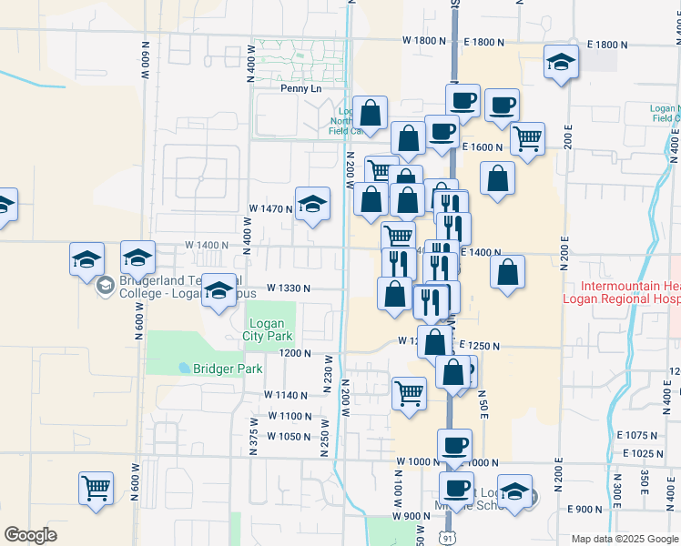 map of restaurants, bars, coffee shops, grocery stores, and more near 1352 North 1400 East in Logan