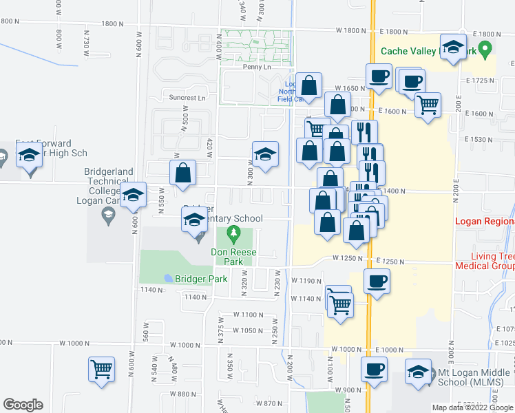 map of restaurants, bars, coffee shops, grocery stores, and more near 1370 North 290 West in Logan