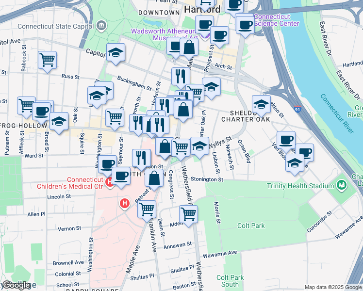 map of restaurants, bars, coffee shops, grocery stores, and more near 118 Main Street in Hartford