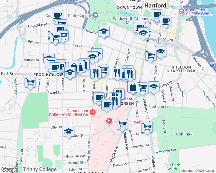 map of restaurants, bars, coffee shops, grocery stores, and more near 179 Seymour Street in Hartford