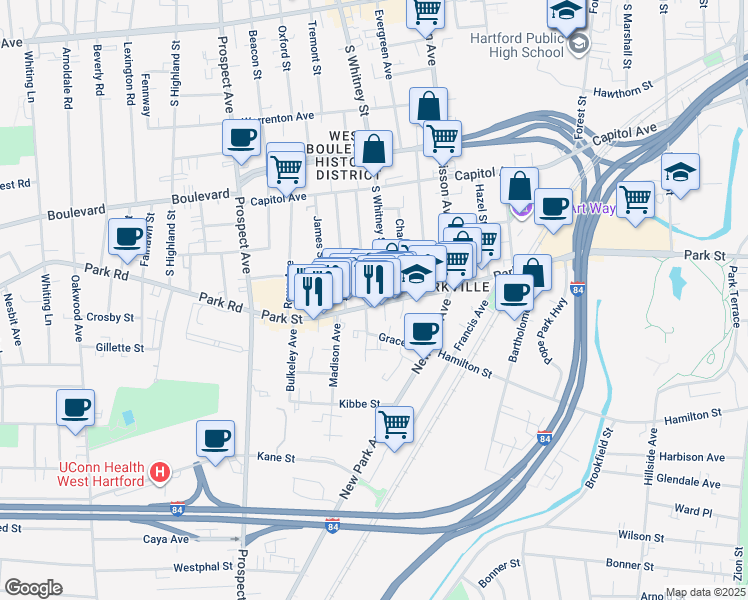 map of restaurants, bars, coffee shops, grocery stores, and more near 1850 Park Street in Hartford