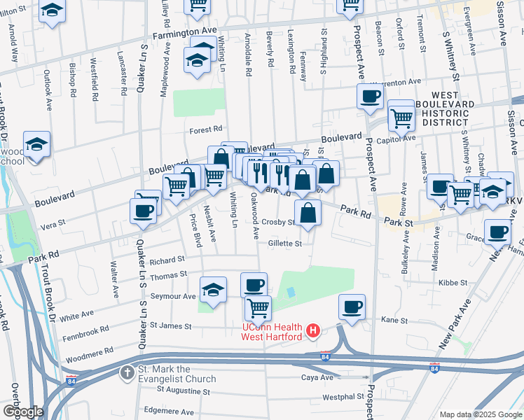 map of restaurants, bars, coffee shops, grocery stores, and more near 21 Kingston Street in West Hartford