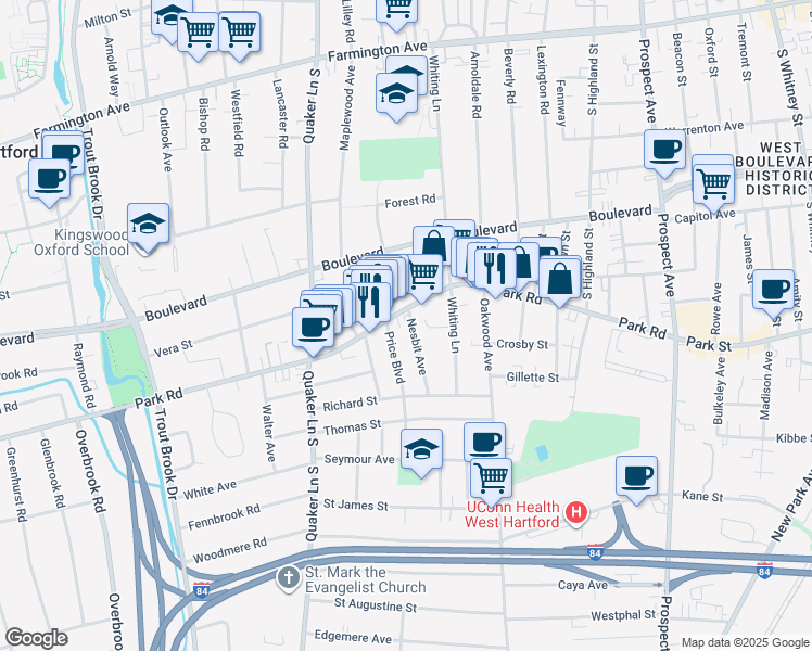 map of restaurants, bars, coffee shops, grocery stores, and more near 4 Price Boulevard in West Hartford