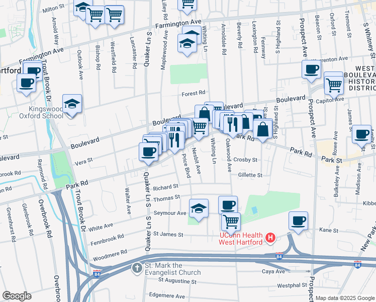map of restaurants, bars, coffee shops, grocery stores, and more near 4 Price Boulevard in West Hartford