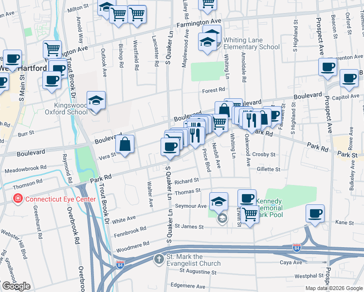 map of restaurants, bars, coffee shops, grocery stores, and more near 16 Washington Circle in West Hartford