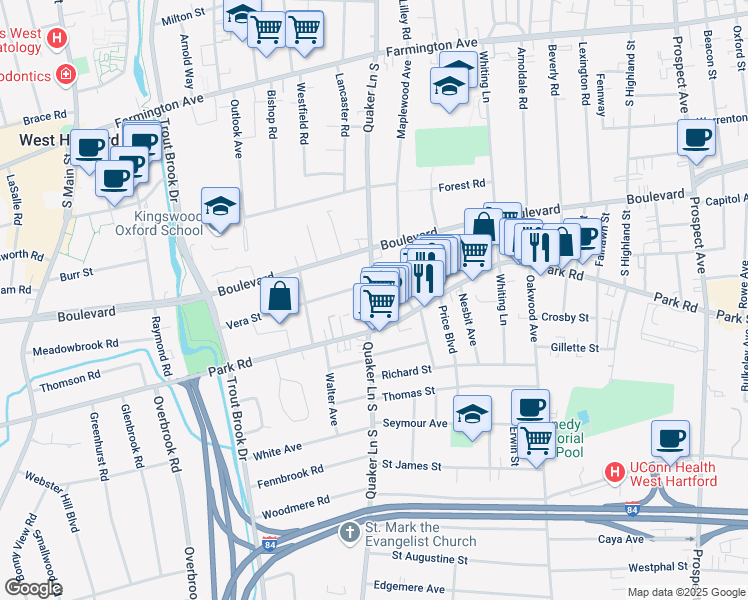 map of restaurants, bars, coffee shops, grocery stores, and more near 228 Quaker Lane South in West Hartford