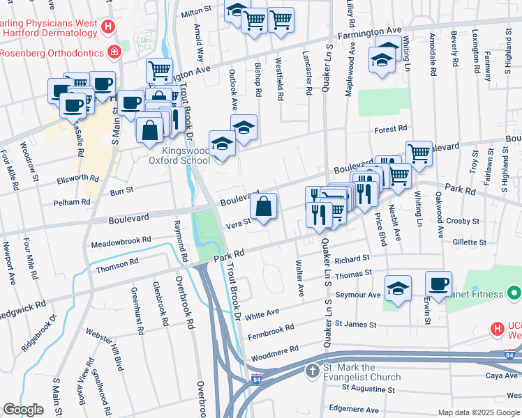 map of restaurants, bars, coffee shops, grocery stores, and more near 1435 Boulevard in West Hartford