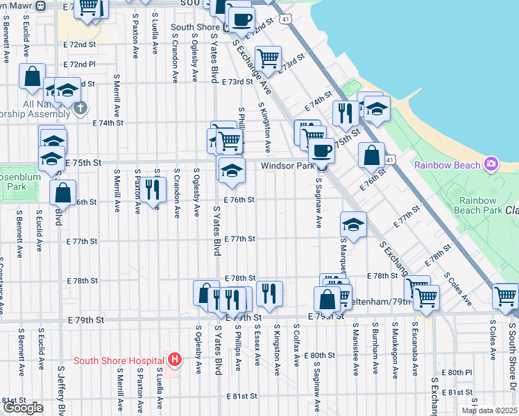 map of restaurants, bars, coffee shops, grocery stores, and more near 7602 South Essex Avenue in Chicago