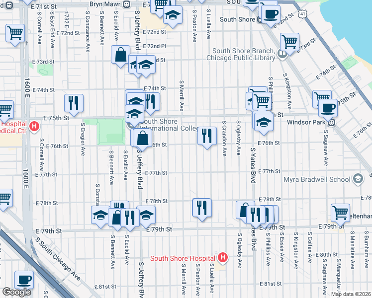 map of restaurants, bars, coffee shops, grocery stores, and more near 7600 South Paxton Avenue in Chicago