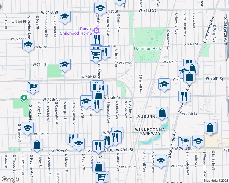 map of restaurants, bars, coffee shops, grocery stores, and more near 7530 South Union Avenue in Chicago