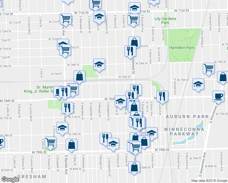 map of restaurants, bars, coffee shops, grocery stores, and more near 7523 South Peoria Street in Chicago